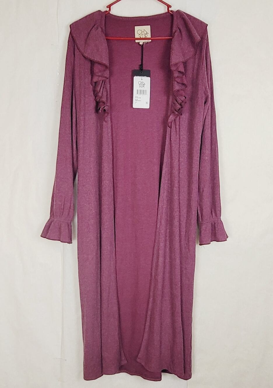 New Chaser pomegranate purple ruffled open front duster cardigan Size Small Boho